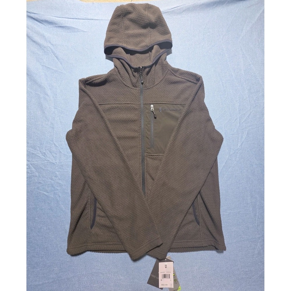 Free Country Full-Zip Brick Fleece Hoodie Textured Grid Pattern Mushroom Med New